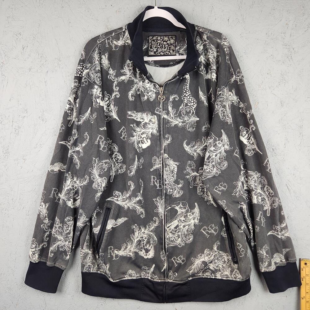 Royal Blue Jacket Mens 3XL Gray Allover Animal Print Full Zip Bomber Sweatshirt